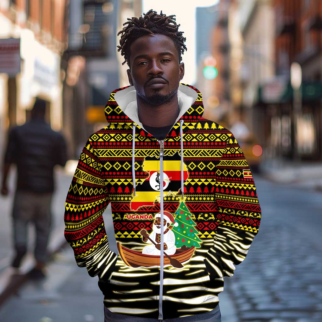 Uganda Christmas Zip Hoodie Santa in Canoe Christmas Tree Uganda Map Flag - African Pride
