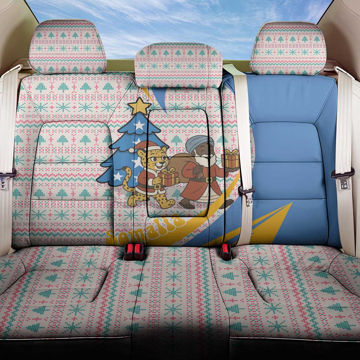 Somalia Christmas Back Car Seat Cover Santa Cheetah Christmas Tree Village Scene and Festive Snowflake - African Pride