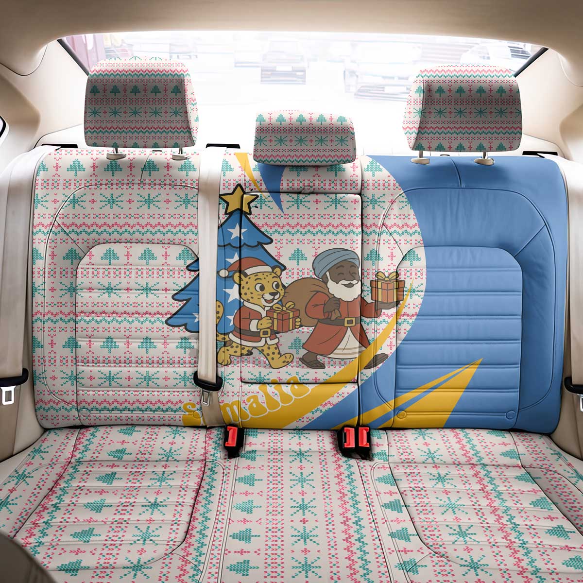 Somalia Christmas Back Car Seat Cover Santa Cheetah Christmas Tree Village Scene and Festive Snowflake - African Pride