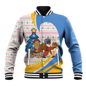 Somalia Christmas Baseball Jacket Santa Cheetah Christmas Tree Village Scene and Festive Snowflake - African Pride