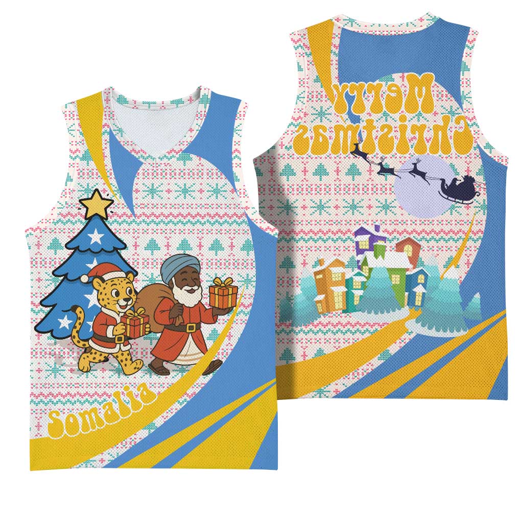 Somalia Christmas Basketball Jersey Santa Cheetah Christmas Tree Village Scene and Festive Snowflake - African Pride