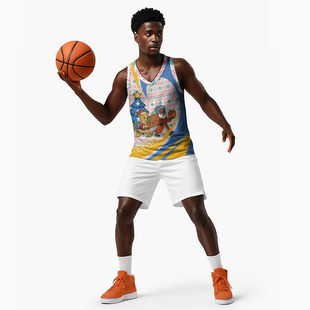 Somalia Christmas Basketball Jersey Santa Cheetah Christmas Tree Village Scene and Festive Snowflake - African Pride