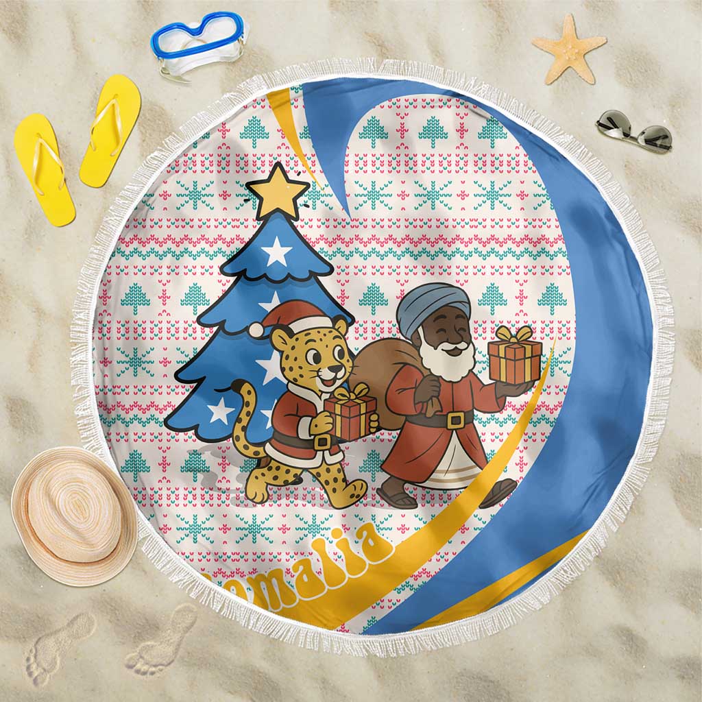 Somalia Christmas Beach Blanket Santa Cheetah Christmas Tree Village Scene and Festive Snowflake - African Pride