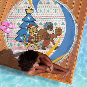 Somalia Christmas Beach Blanket Santa Cheetah Christmas Tree Village Scene and Festive Snowflake - African Pride