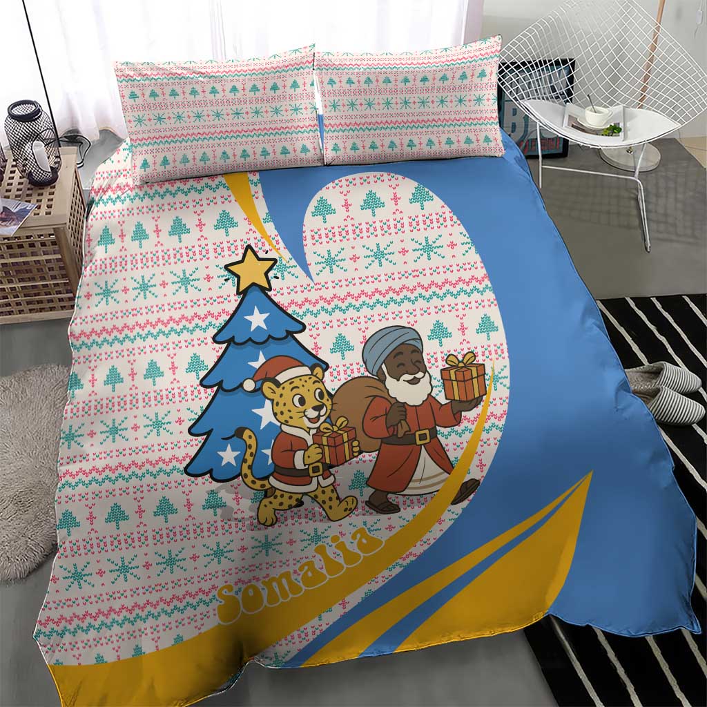 Somalia Christmas Bedding Set Santa Cheetah Christmas Tree Village Scene and Festive Snowflake - African Pride