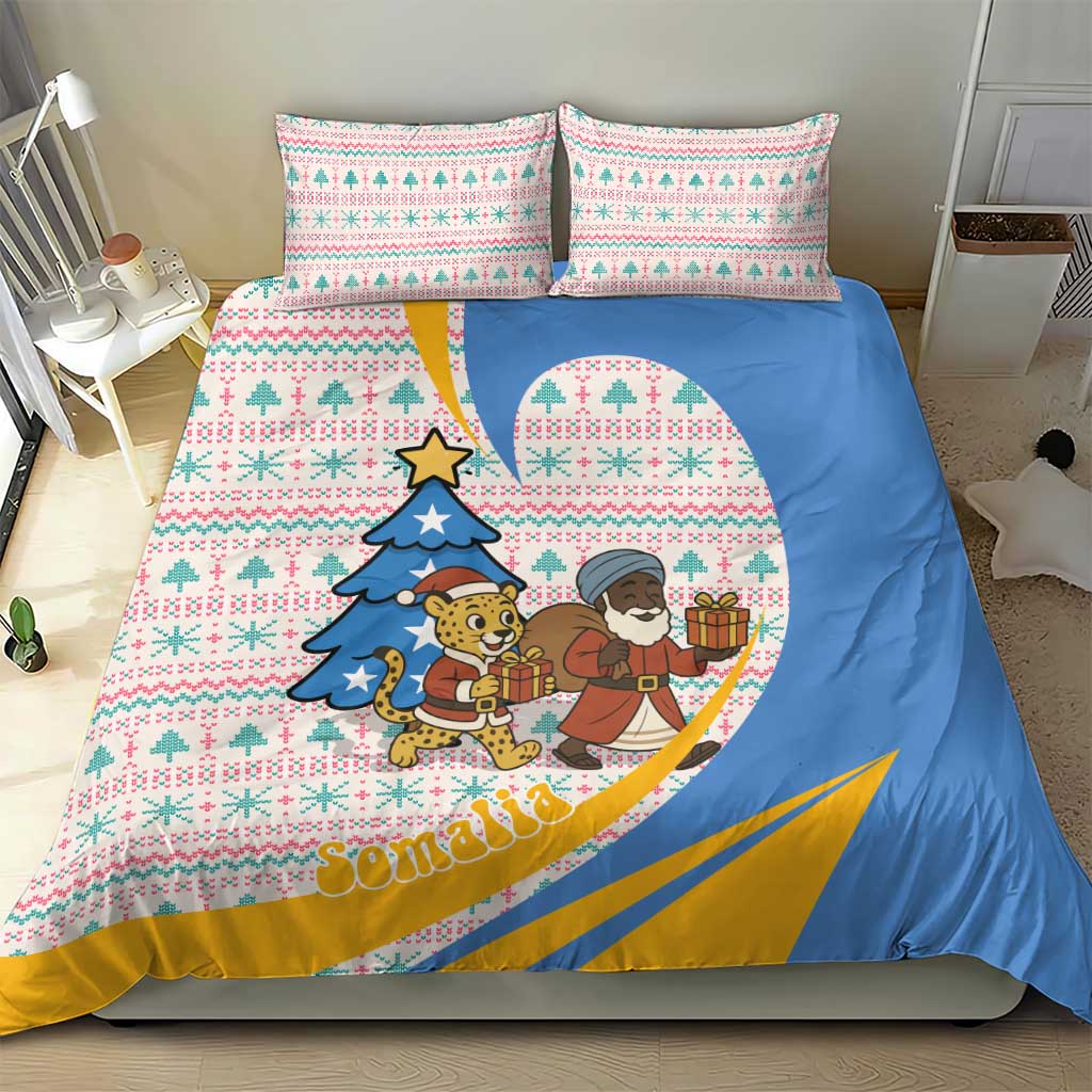 Somalia Christmas Bedding Set Santa Cheetah Christmas Tree Village Scene and Festive Snowflake - African Pride