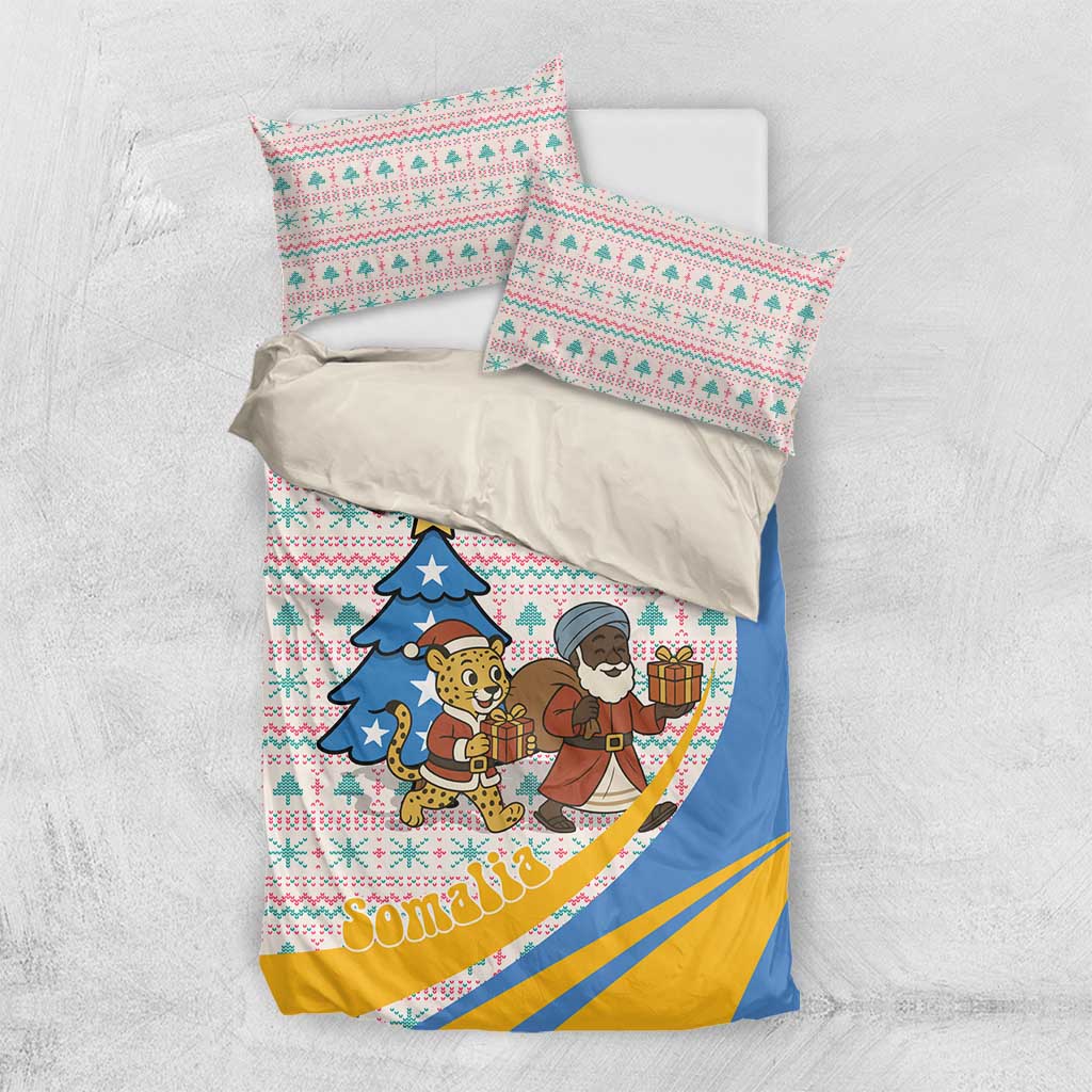 Somalia Christmas Bedding Set Santa Cheetah Christmas Tree Village Scene and Festive Snowflake - African Pride