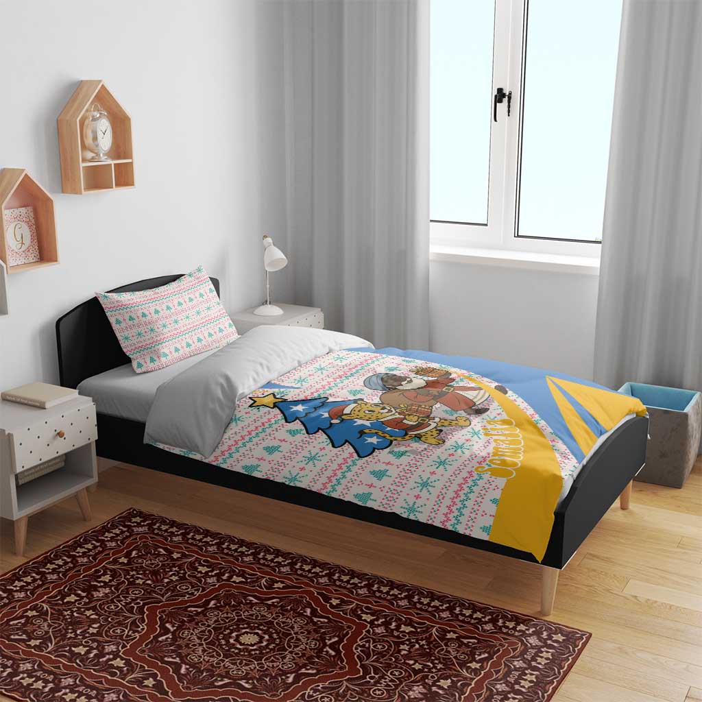 Somalia Christmas Bedding Set Santa Cheetah Christmas Tree Village Scene and Festive Snowflake - African Pride
