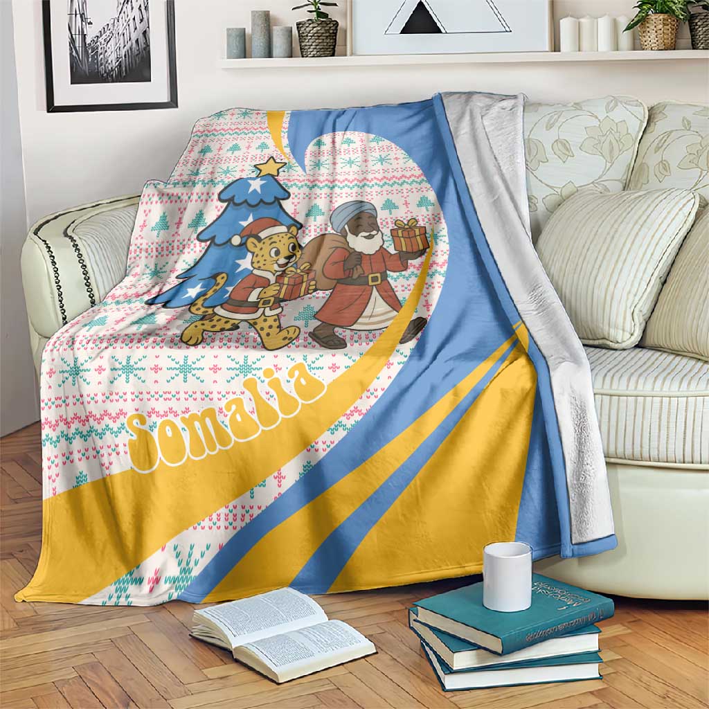 Somalia Christmas Blanket Santa Cheetah Christmas Tree Village Scene and Festive Snowflake - African Pride