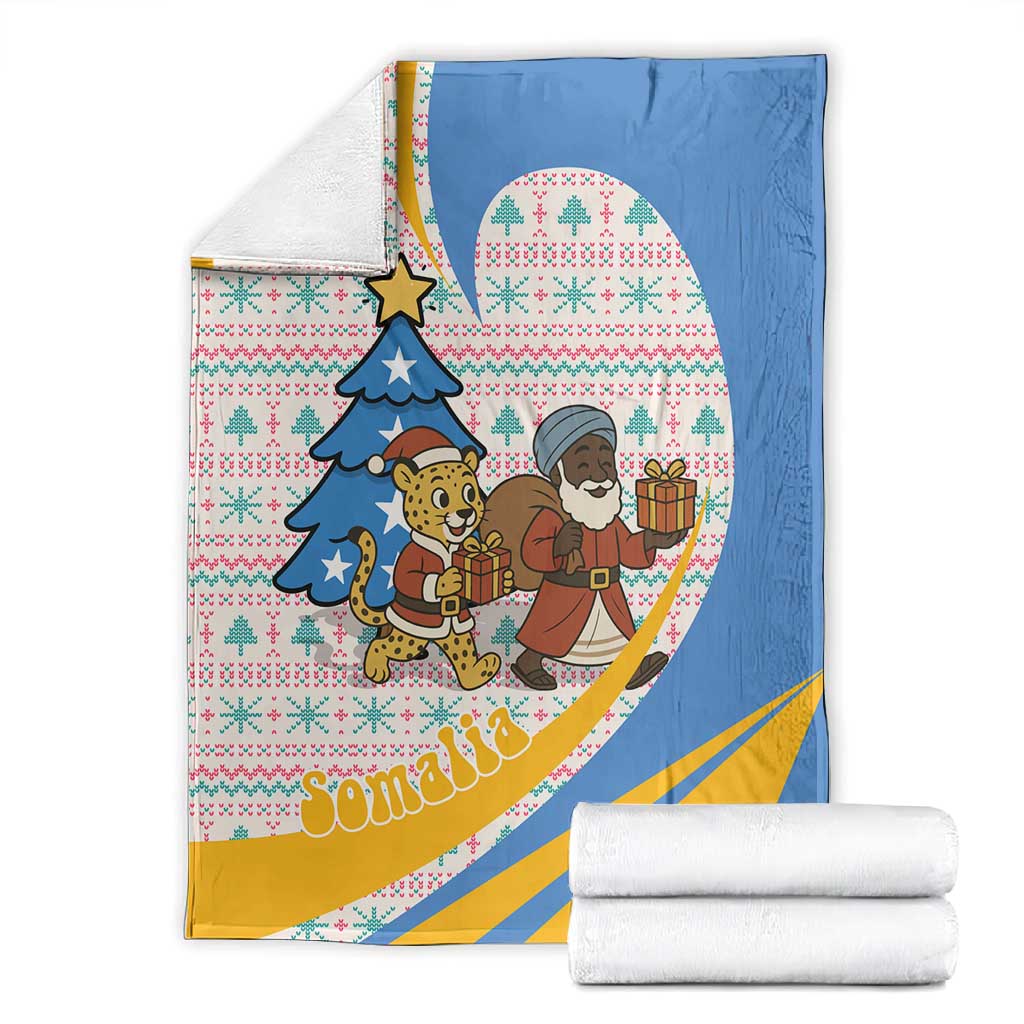 Somalia Christmas Blanket Santa Cheetah Christmas Tree Village Scene and Festive Snowflake - African Pride