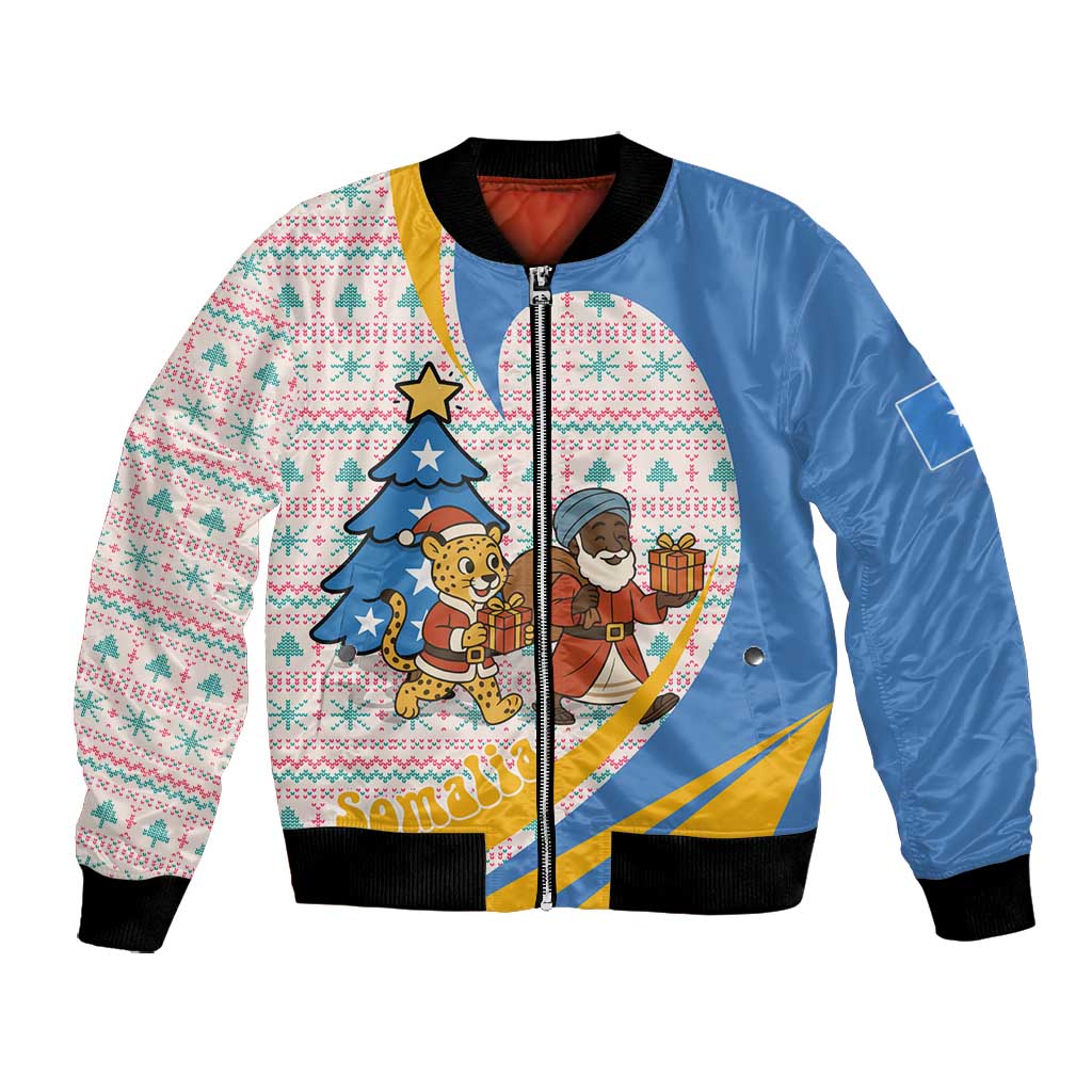 Somalia Christmas Bomber Jacket Santa Cheetah Christmas Tree Village Scene and Festive Snowflake - African Pride