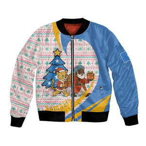 Somalia Christmas Bomber Jacket Santa Cheetah Christmas Tree Village Scene and Festive Snowflake - African Pride