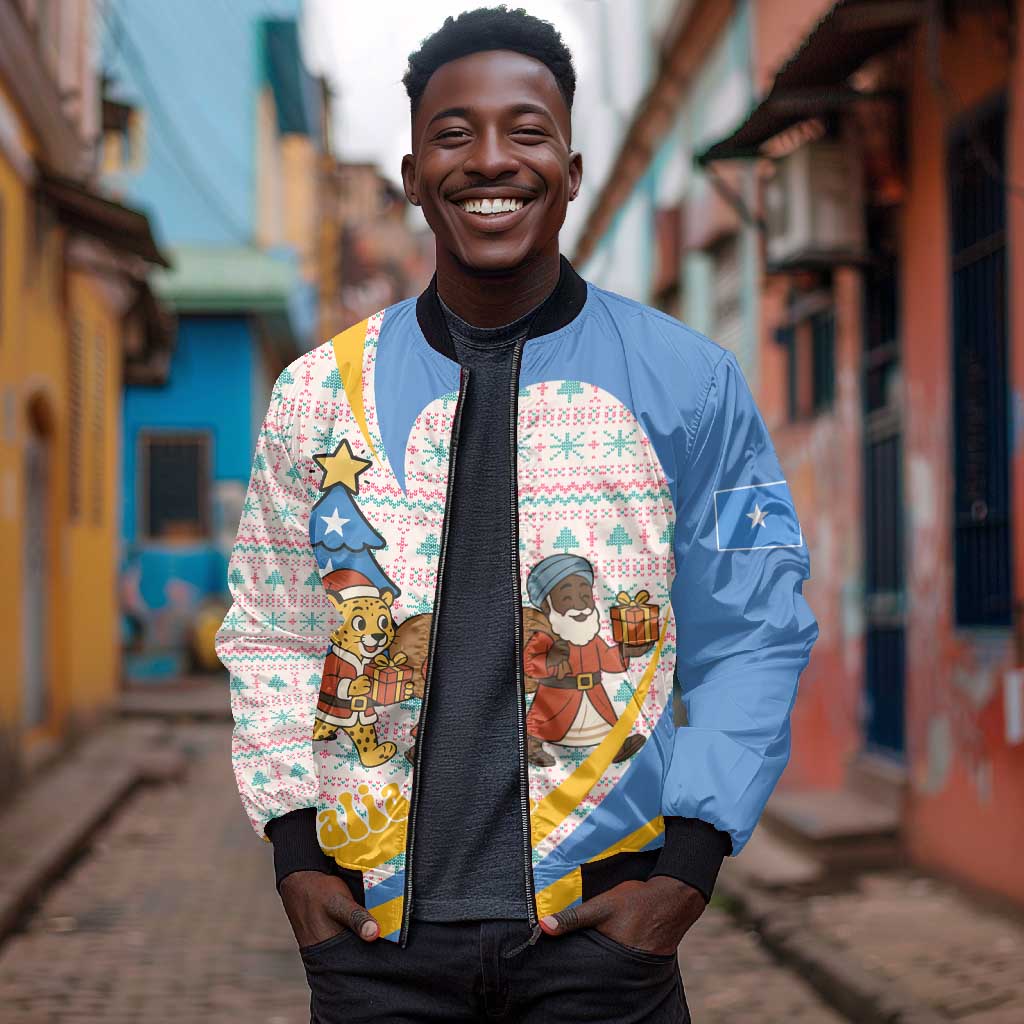 Somalia Christmas Bomber Jacket Santa Cheetah Christmas Tree Village Scene and Festive Snowflake - African Pride