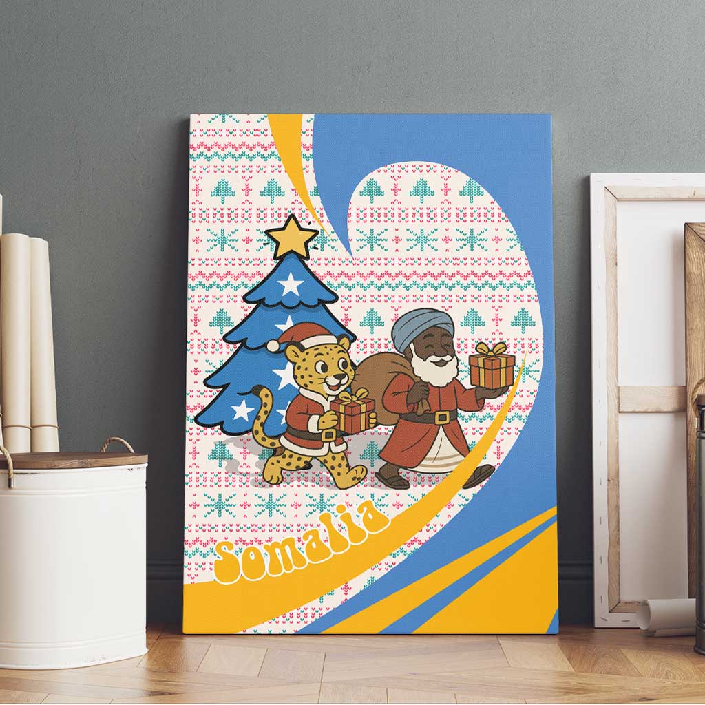 Somalia Christmas Canvas Wall Art Santa Cheetah Christmas Tree Village Scene and Festive Snowflake - African Pride