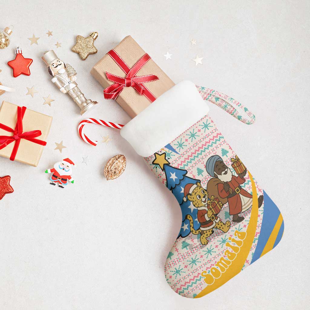 Somalia Christmas Stocking Santa Cheetah Christmas Tree Village Scene and Festive Snowflake - African Pride
