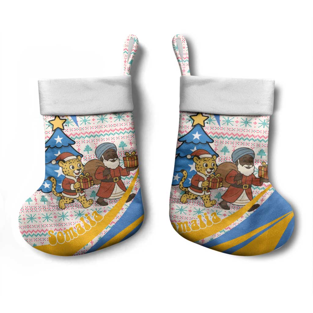 Somalia Christmas Stocking Santa Cheetah Christmas Tree Village Scene and Festive Snowflake - African Pride
