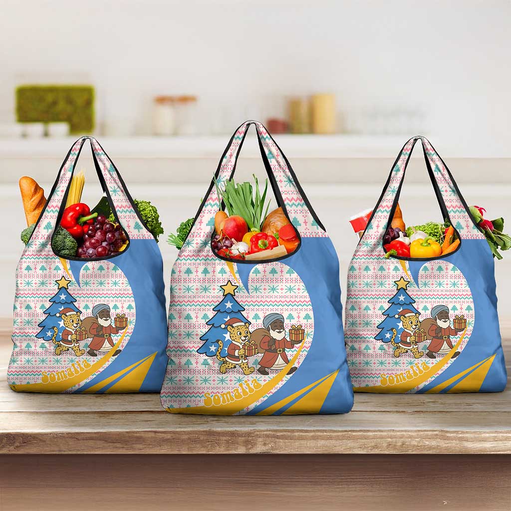 Somalia Christmas Grocery Bag Santa Cheetah Christmas Tree Village Scene and Festive Snowflake - African Pride