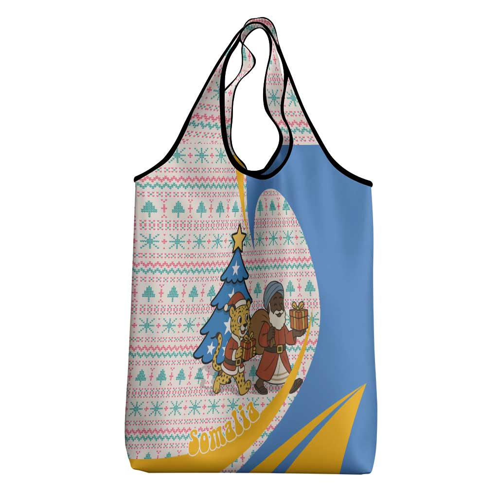 Somalia Christmas Grocery Bag Santa Cheetah Christmas Tree Village Scene and Festive Snowflake - African Pride