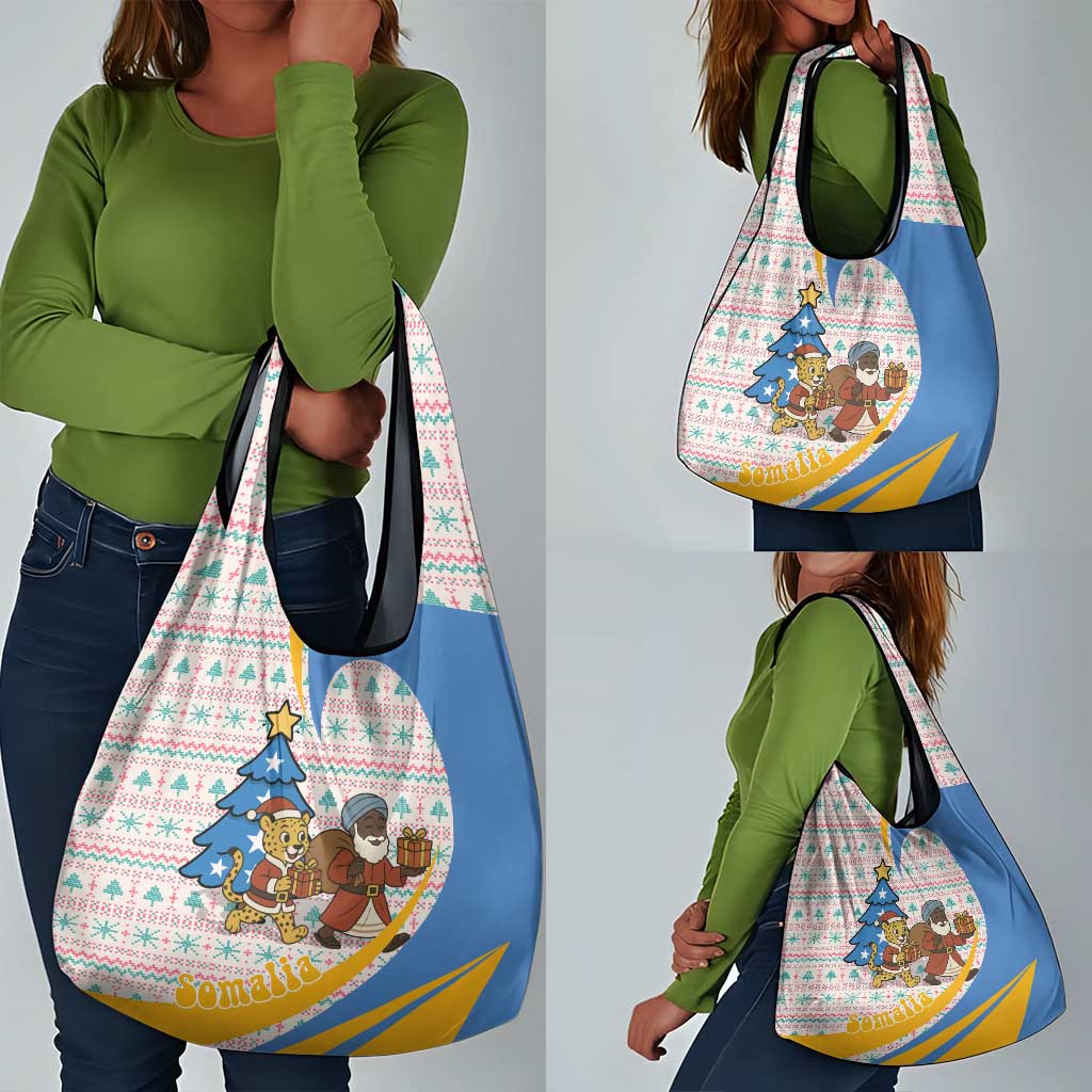 Somalia Christmas Grocery Bag Santa Cheetah Christmas Tree Village Scene and Festive Snowflake - African Pride