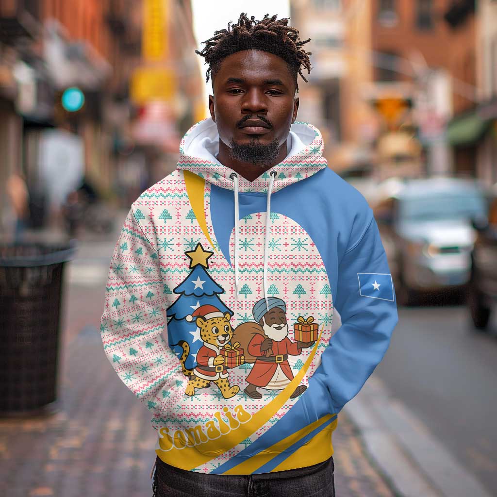Somalia Christmas Hoodie Santa Cheetah Christmas Tree Village Scene and Festive Snowflake - African Pride