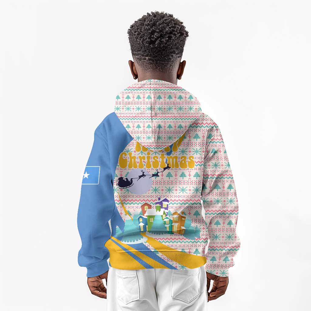 Somalia Christmas Kid Hoodie Santa Cheetah Christmas Tree Village Scene and Festive Snowflake - African Pride
