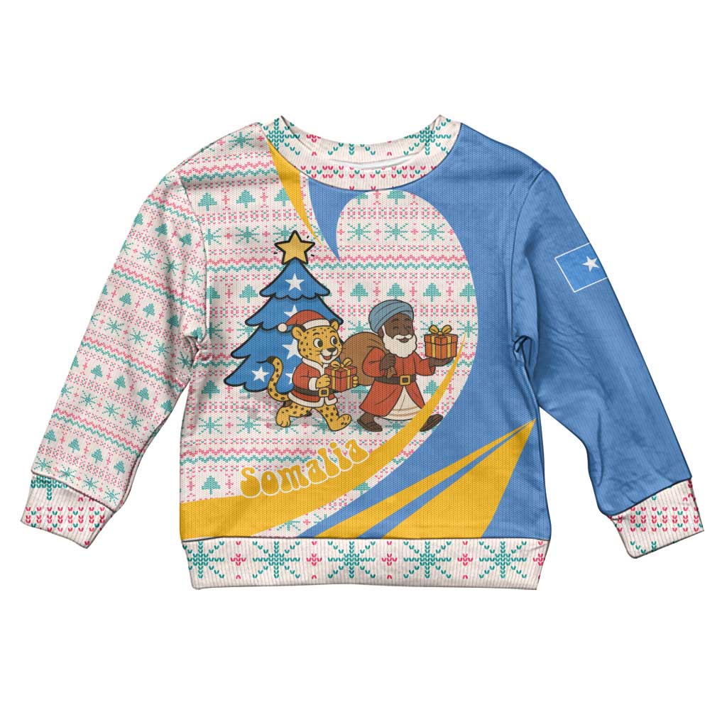Somalia Christmas Kid Ugly Christmas Sweater Santa Cheetah Christmas Tree Village Scene and Festive Snowflake - African Pride