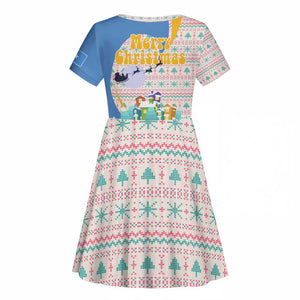 Somalia Christmas Kid Short Sleeve Dress Santa Cheetah Christmas Tree Village Scene and Festive Snowflake - African Pride