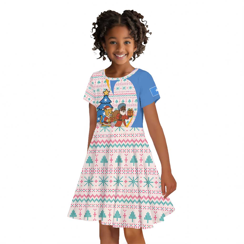 Somalia Christmas Kid Short Sleeve Dress Santa Cheetah Christmas Tree Village Scene and Festive Snowflake - African Pride