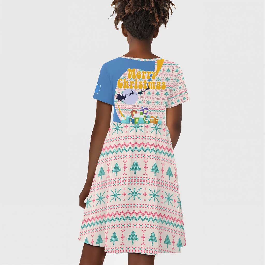Somalia Christmas Kid Short Sleeve Dress Santa Cheetah Christmas Tree Village Scene and Festive Snowflake - African Pride