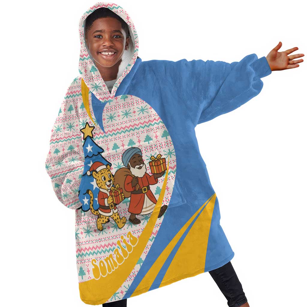 Somalia Christmas Kid Wearable Blanket Hoodie Santa Cheetah Christmas Tree Village Scene and Festive Snowflake - African Pride