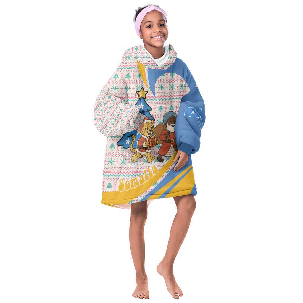 Somalia Christmas Kid Wearable Blanket Hoodie Santa Cheetah Christmas Tree Village Scene and Festive Snowflake - African Pride