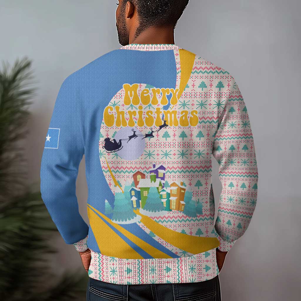 Somalia Christmas Ugly Christmas Sweater Santa Cheetah Christmas Tree Village Scene and Festive Snowflake - African Pride