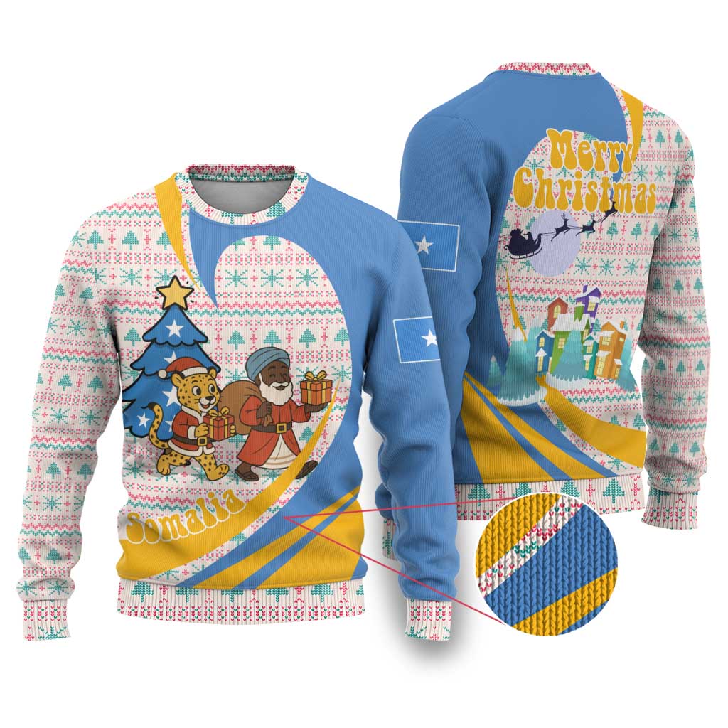 Somalia Christmas Ugly Christmas Sweater Santa Cheetah Christmas Tree Village Scene and Festive Snowflake - African Pride