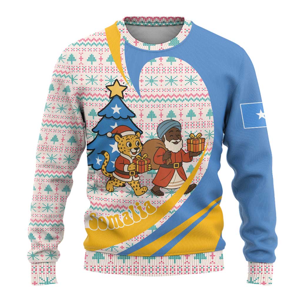 Somalia Christmas Ugly Christmas Sweater Santa Cheetah Christmas Tree Village Scene and Festive Snowflake - African Pride