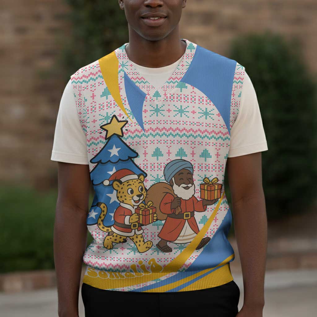 Somalia Christmas Knitted V-Neck Vest Santa Cheetah Christmas Tree Village Scene and Festive Snowflake - African Pride