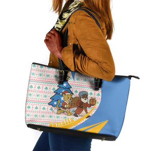 Somalia Christmas Leather Tote Bag Santa Cheetah Christmas Tree Village Scene and Festive Snowflake - African Pride