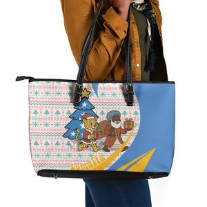 Somalia Christmas Leather Tote Bag Santa Cheetah Christmas Tree Village Scene and Festive Snowflake - African Pride