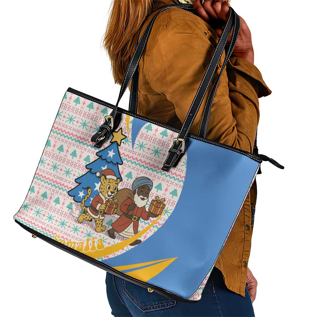 Somalia Christmas Leather Tote Bag Santa Cheetah Christmas Tree Village Scene and Festive Snowflake - African Pride