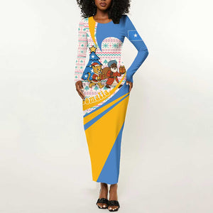 Somalia Christmas Long Sleeve Bodycon Dress Santa Cheetah Christmas Tree Village Scene and Festive Snowflake - African Pride