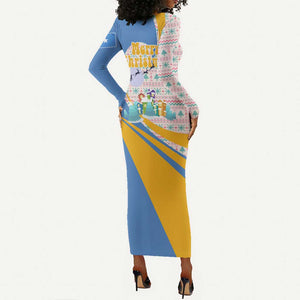 Somalia Christmas Long Sleeve Bodycon Dress Santa Cheetah Christmas Tree Village Scene and Festive Snowflake - African Pride