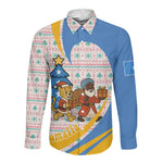 Somalia Christmas Long Sleeve Button Shirt Santa Cheetah Christmas Tree Village Scene and Festive Snowflake - African Pride