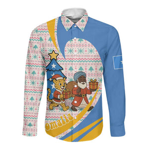 Somalia Christmas Long Sleeve Button Shirt Santa Cheetah Christmas Tree Village Scene and Festive Snowflake - African Pride