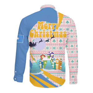 Somalia Christmas Long Sleeve Button Shirt Santa Cheetah Christmas Tree Village Scene and Festive Snowflake - African Pride
