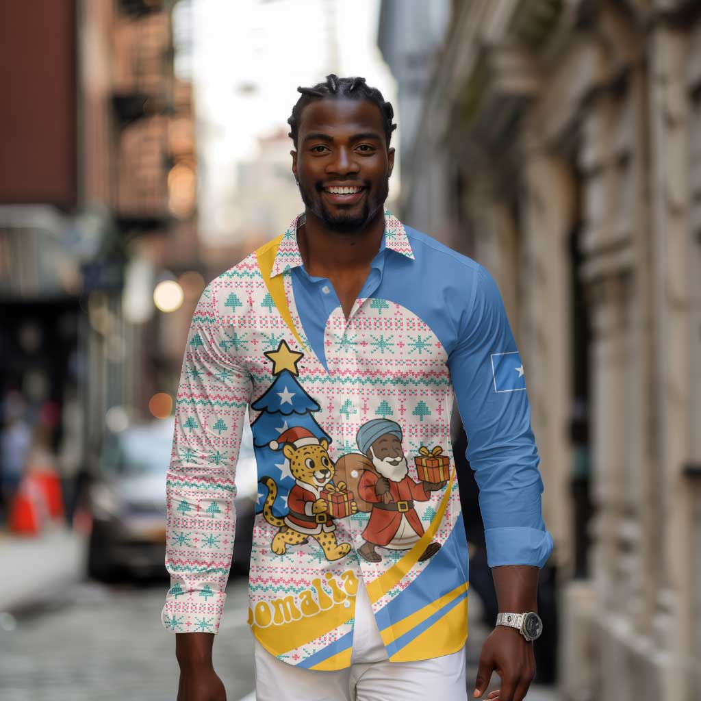 Somalia Christmas Long Sleeve Button Shirt Santa Cheetah Christmas Tree Village Scene and Festive Snowflake - African Pride