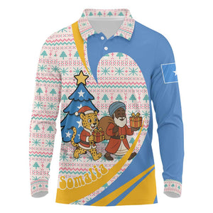Somalia Christmas Long Sleeve Polo Shirt Santa Cheetah Christmas Tree Village Scene and Festive Snowflake - African Pride