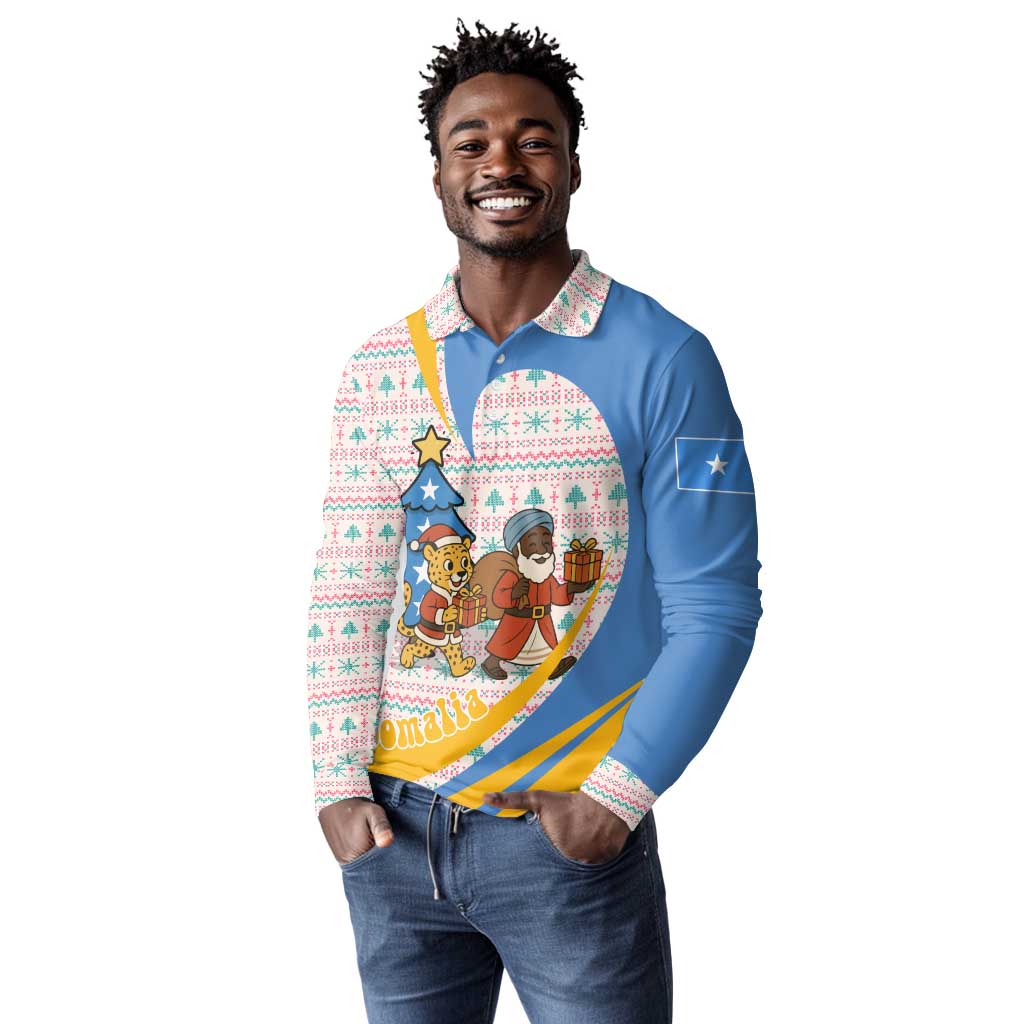 Somalia Christmas Long Sleeve Polo Shirt Santa Cheetah Christmas Tree Village Scene and Festive Snowflake - African Pride