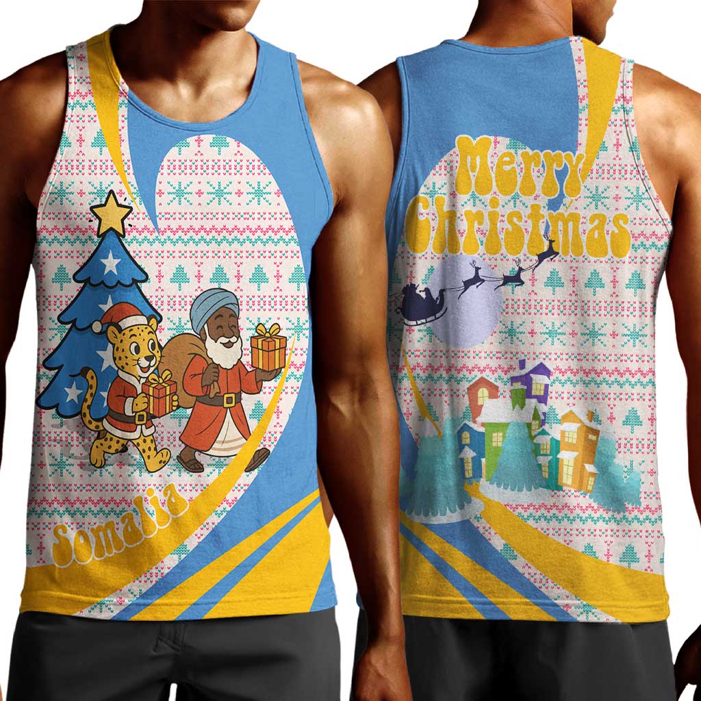 Somalia Christmas Men Tank Top Santa Cheetah Christmas Tree Village Scene and Festive Snowflake - African Pride