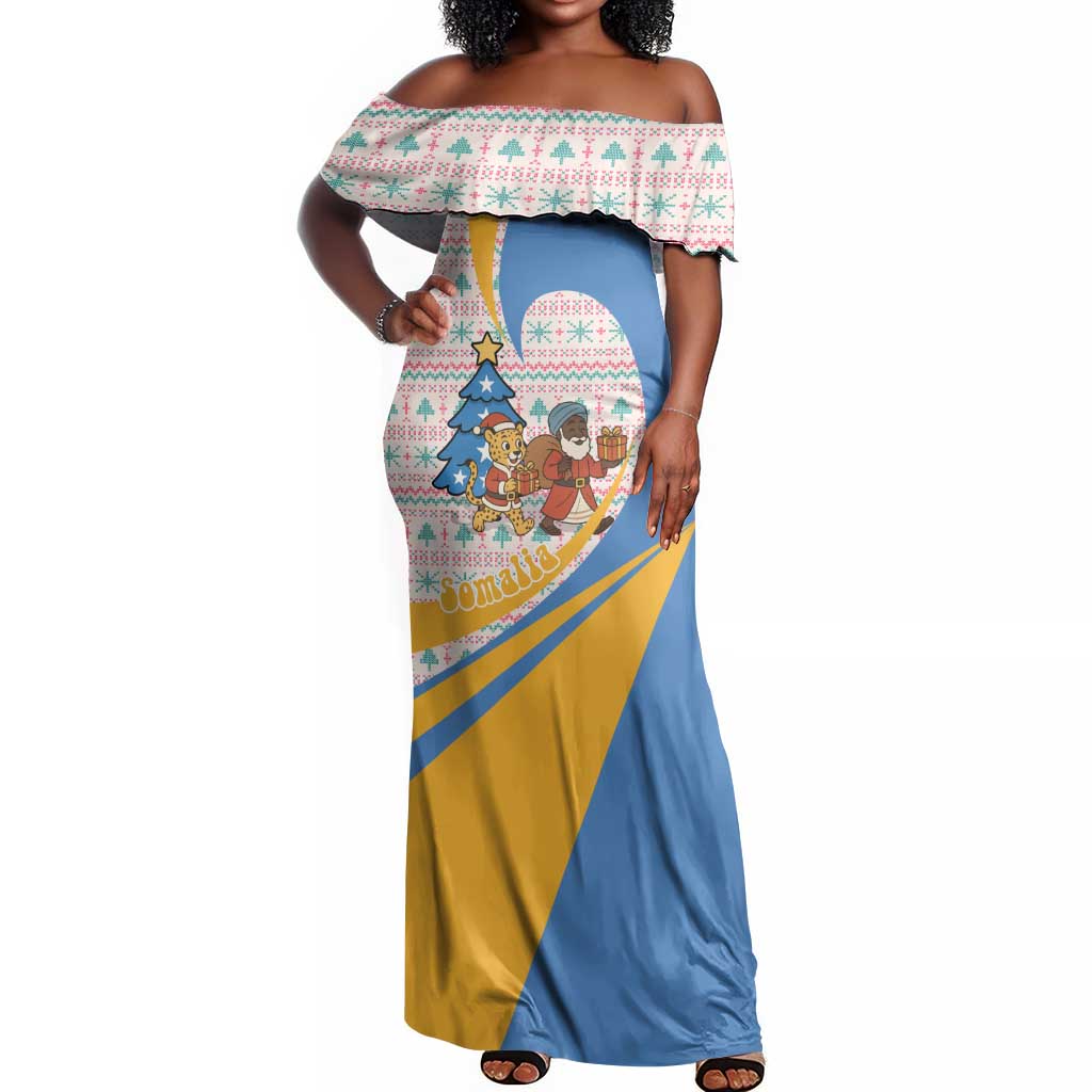 Somalia Christmas Off Shoulder Maxi Dress Santa Cheetah Christmas Tree Village Scene and Festive Snowflake - African Pride