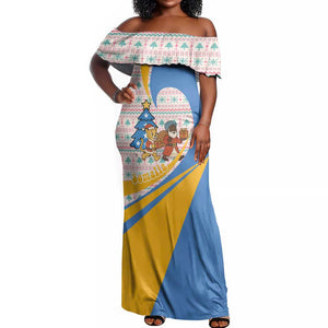 Somalia Christmas Off Shoulder Maxi Dress Santa Cheetah Christmas Tree Village Scene and Festive Snowflake - African Pride