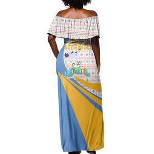 Somalia Christmas Off Shoulder Maxi Dress Santa Cheetah Christmas Tree Village Scene and Festive Snowflake - African Pride